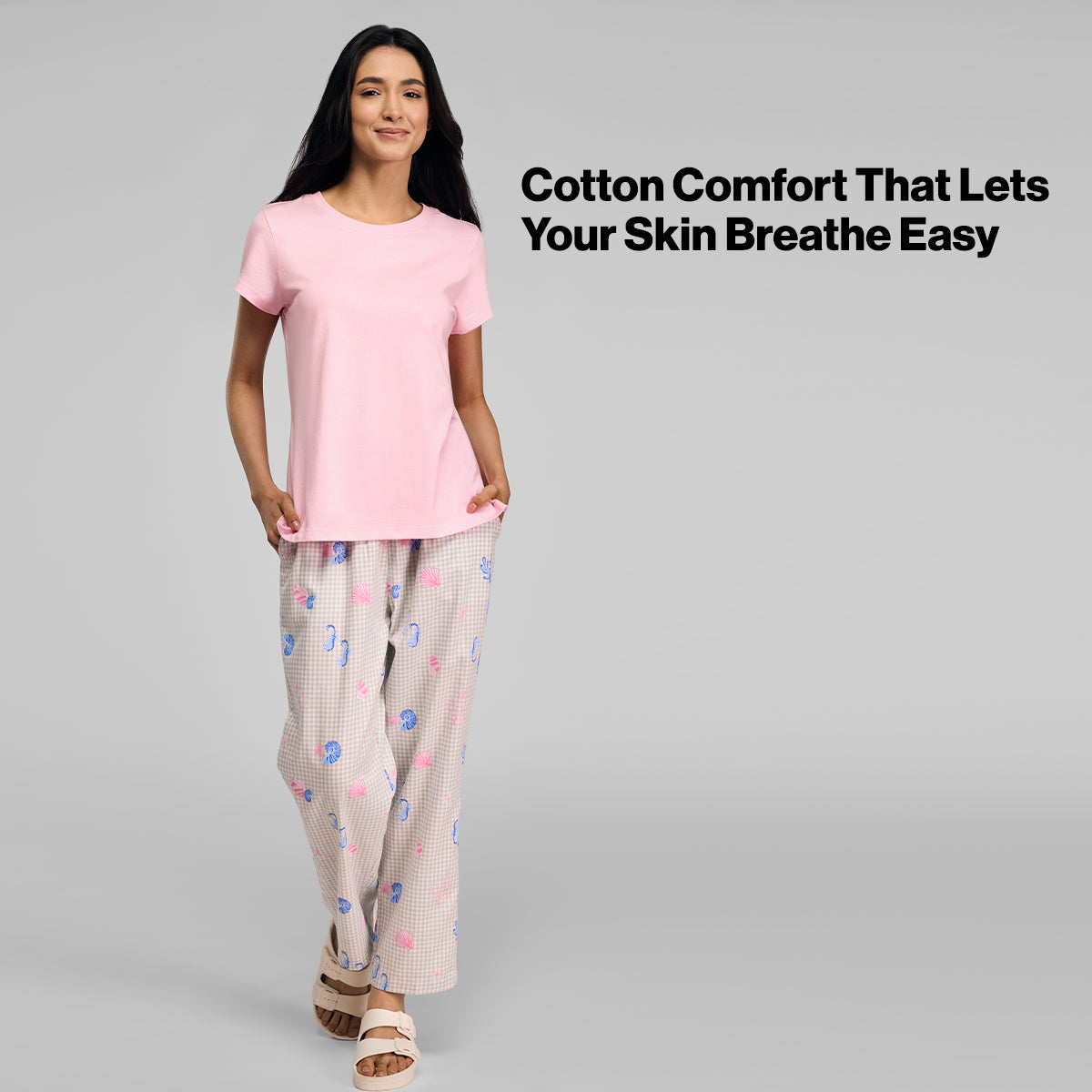 Nykd by Nykaa Essential Cotton Pyjama With Adjustable Elasticated Waist & Pockets Nys141 Pink Coastal
