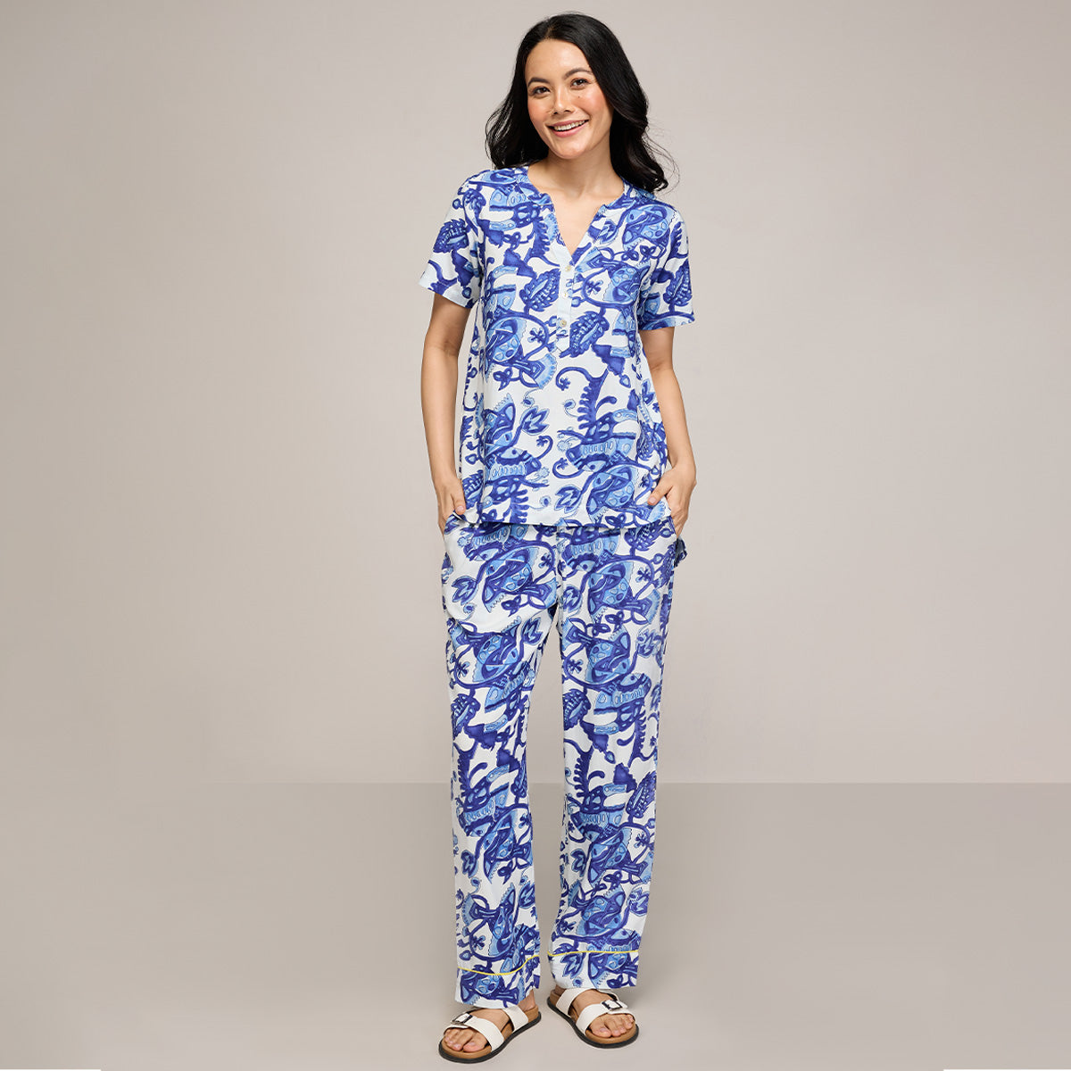 NYKD BY NYKAA BREEZY RAYON PYJAMA WITH ELASTICATED WAIST & POCKETS NYS142 BLUE