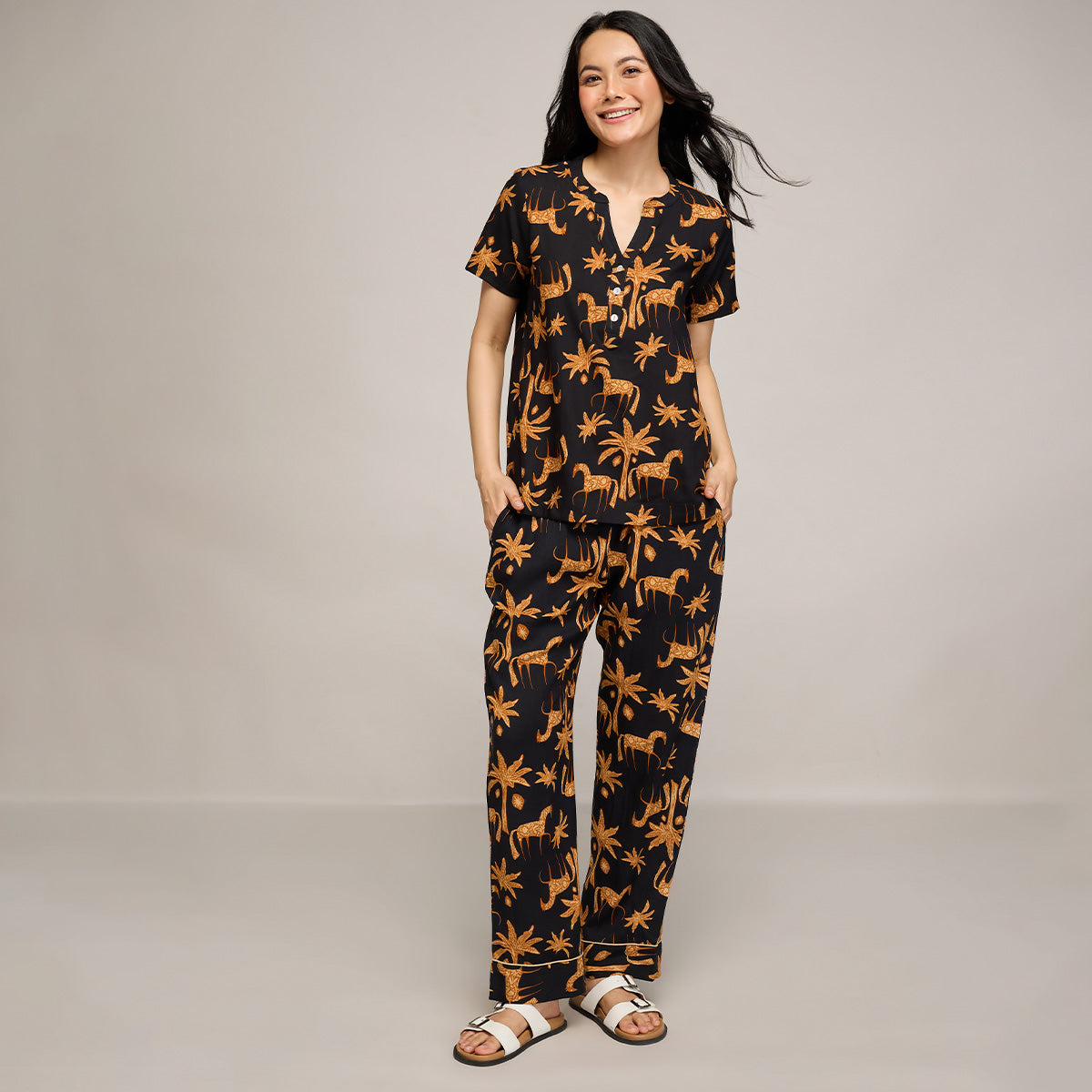 NYKD BY NYKAA BREEZY RAYON PYJAMA WITH ELASTICATED WAIST & POCKETS NYS142 CHARCOAL