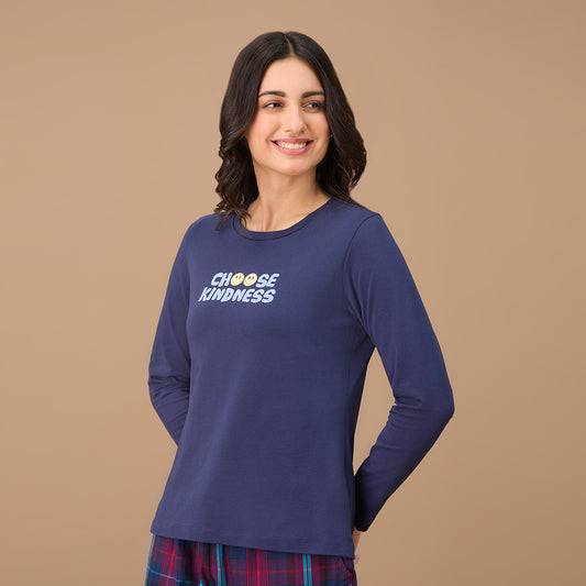 Long Sleeve Tee in Cotton with Graphic - NYS802 - Navy