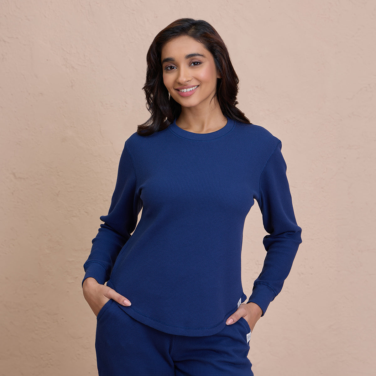 Waffle Lounge Tee with Flattering Hem & Full Sleeves-NYS803-Blue