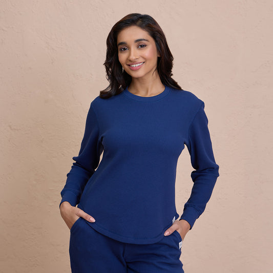 Waffle Lounge Tee with Flattering Hem & Full Sleeves-NYS803-Blue
