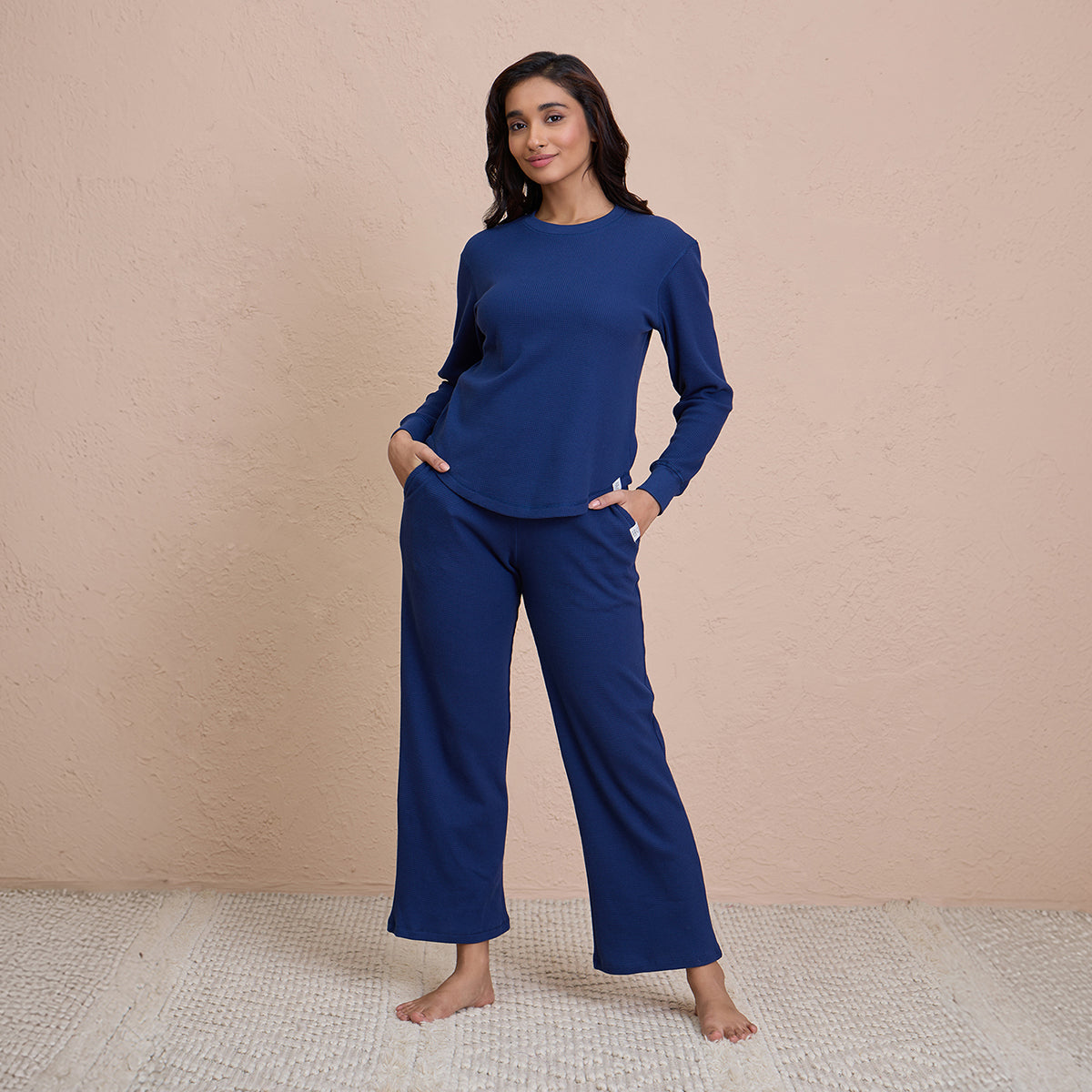 Waffle Lounge Tee with Flattering Hem & Full Sleeves-NYS803-Blue