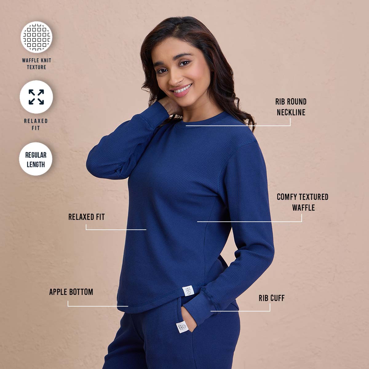 Waffle Lounge Tee with Flattering Hem & Full Sleeves-NYS803-Blue