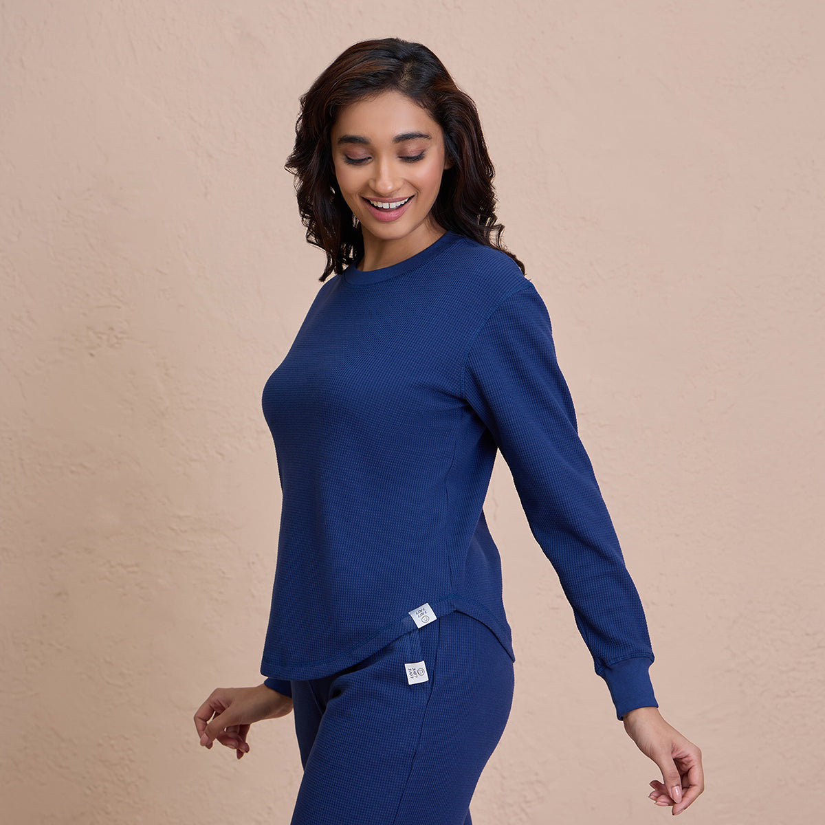 Waffle Lounge Tee with Flattering Hem & Full Sleeves-NYS803-Blue
