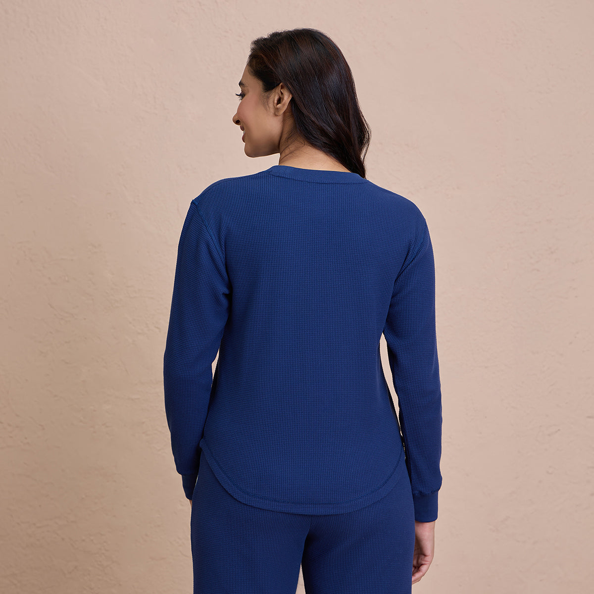 Waffle Lounge Tee with Flattering Hem & Full Sleeves-NYS803-Blue