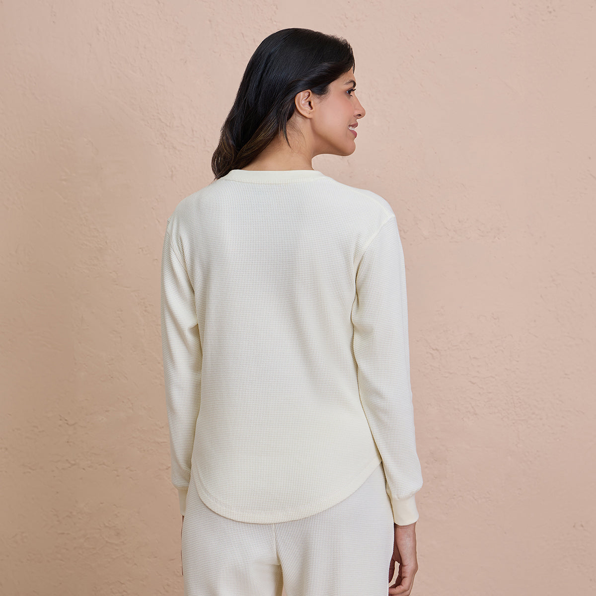 Waffle Lounge Tee with  Flattering Hem & Full Sleeves - NYS803 - Off White