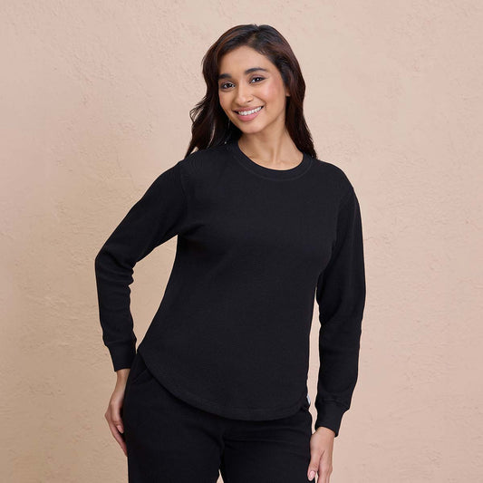 Waffle Lounge Tee with Flattering Hem & Full Sleeves-NYS803-Jet Black