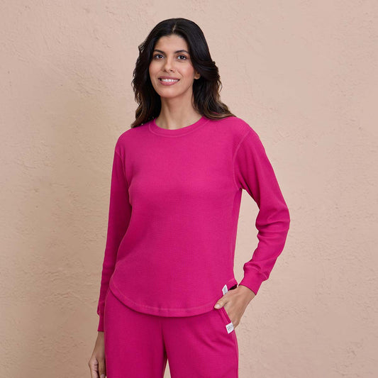 Waffle Lounge Tee with Flattering Hem & Full Sleeves-NYS803-Pink