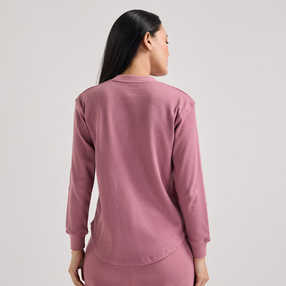 Nykd By Nykaa Waffle Full Sleeves Lounge Tee With Flattering Hem NYS803-Light Pink
