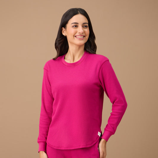 Waffle Lounge Tee with  Flattering Hem & Full Sleeves - Pink