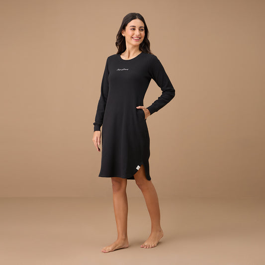 Waffle Sleep Dress in Flattering Fit - NYS804 - Jet Black