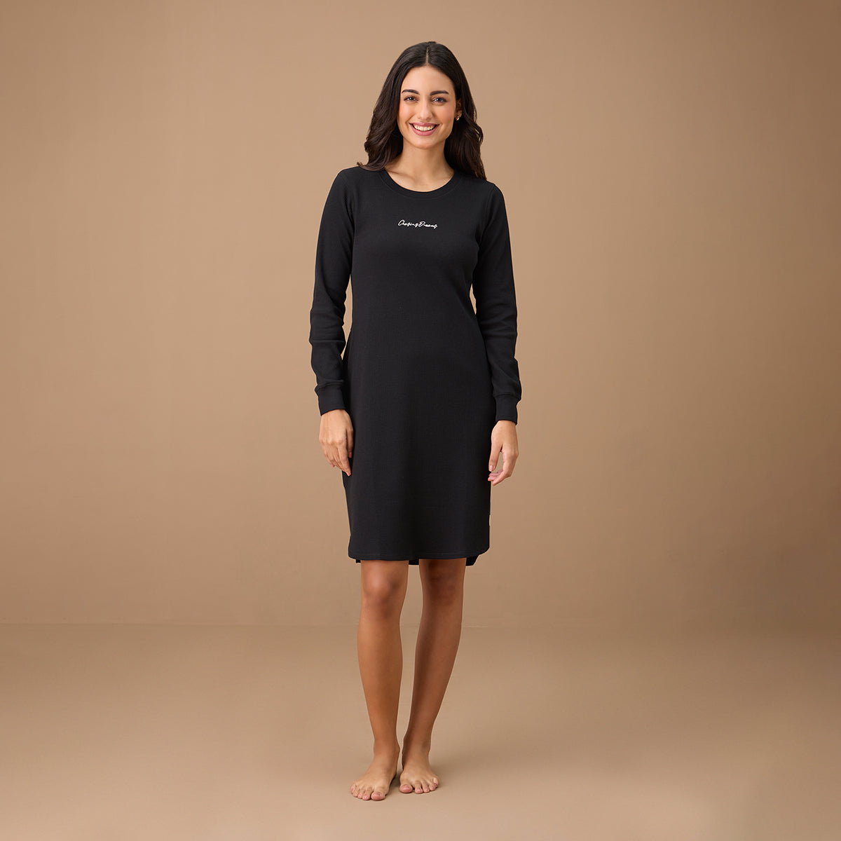 Waffle Sleep Dress in Flattering Fit - NYS804 - Jet Black