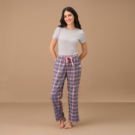 Nykd By Nykaa Cotton Flannel Pajama - NYS901 - Grey Pink Plaid