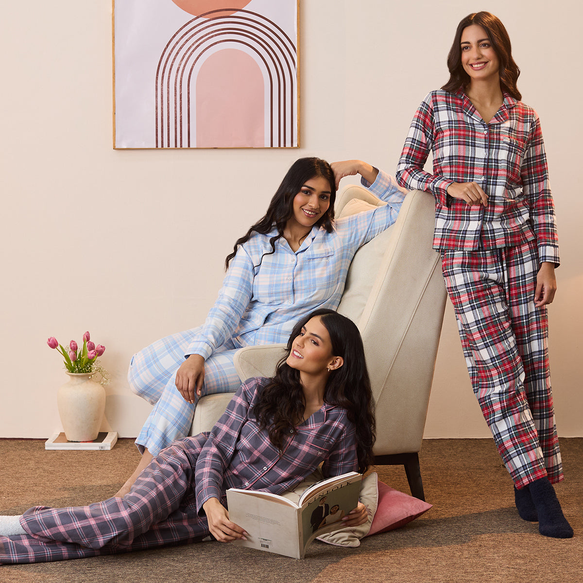 Nykd By Nykaa Cotton Flannel Pajama - NYS901 - Grey Pink Plaid