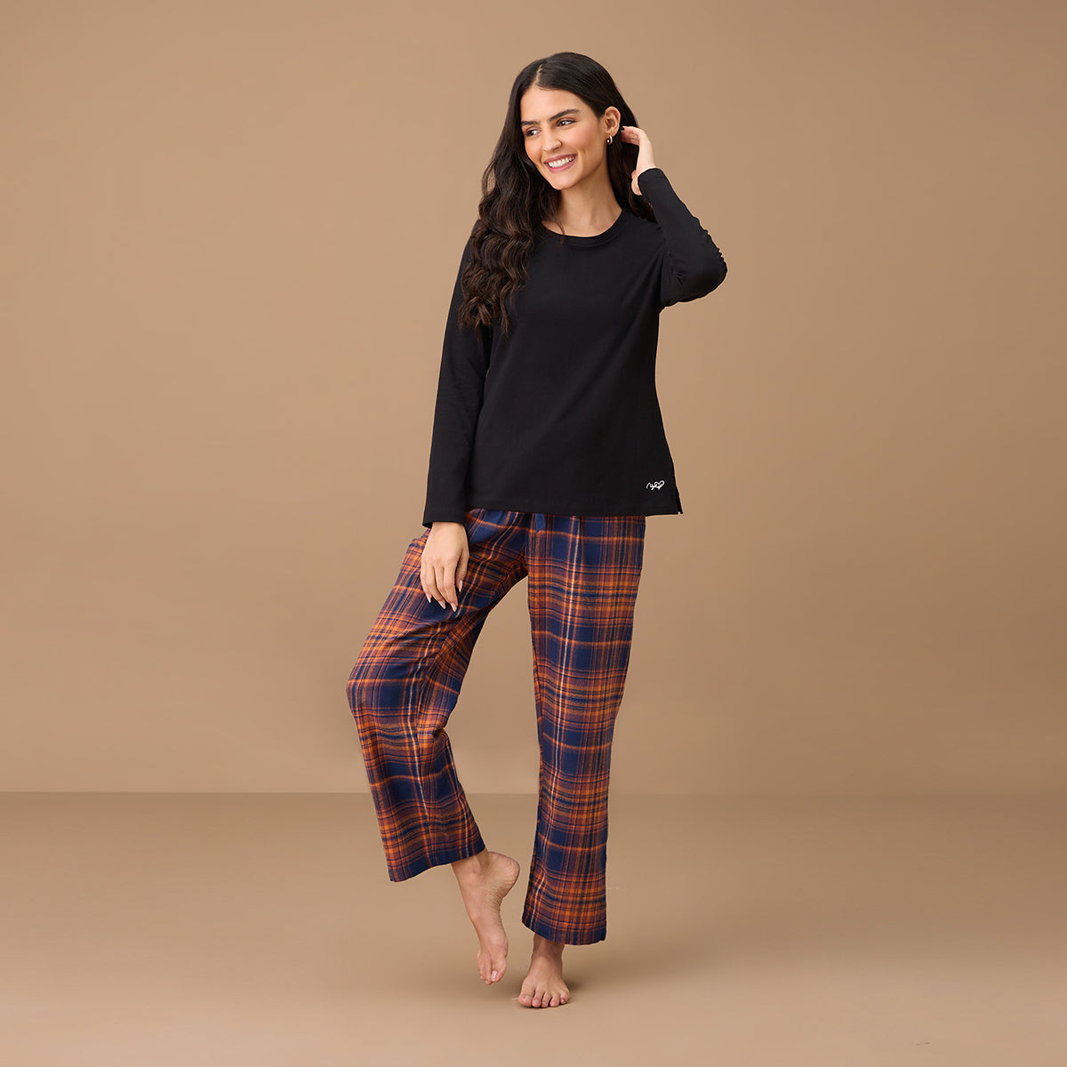 Nykd By Nykaa Cotton Flannel Pajama - NYS901 - Navy Brown Plaid