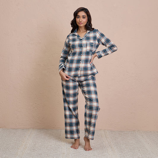 Brushed Pajama Set with Stylish Button Down Sleep Shirt - NYS902 -Blue & Cream Checks