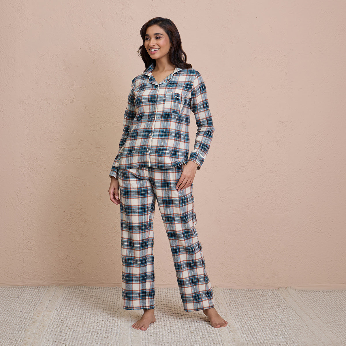 Brushed Pajama Set with Stylish Button Down Sleep Shirt - NYS902 -Blue & Cream Checks