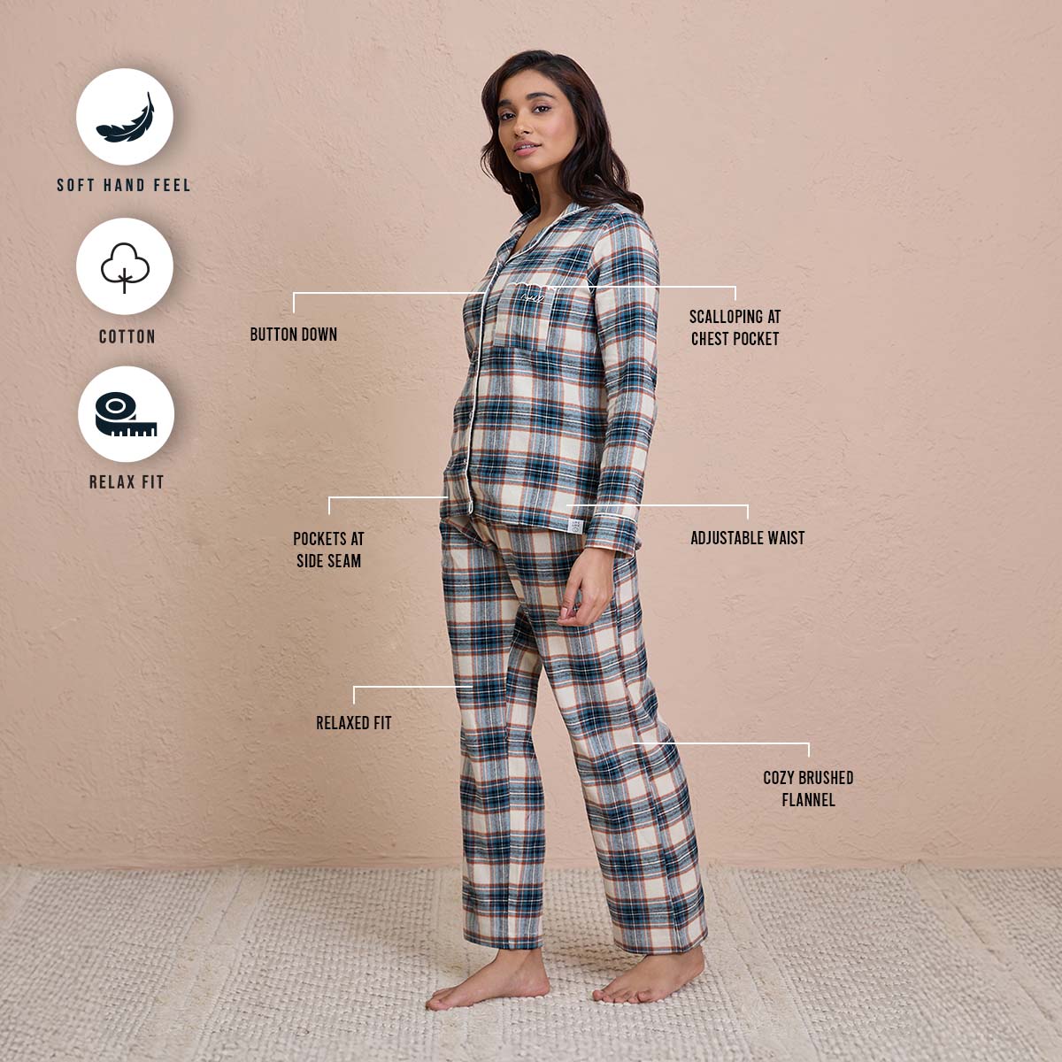 Brushed Pajama Set with Stylish Button Down Sleep Shirt - NYS902 -Blue & Cream Checks