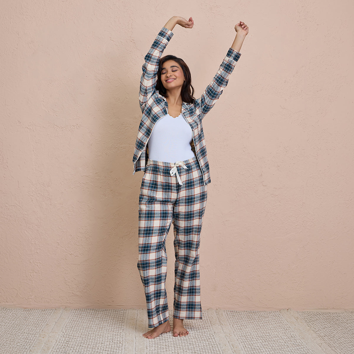 Brushed Pajama Set with Stylish Button Down Sleep Shirt - NYS902 -Blue & Cream Checks