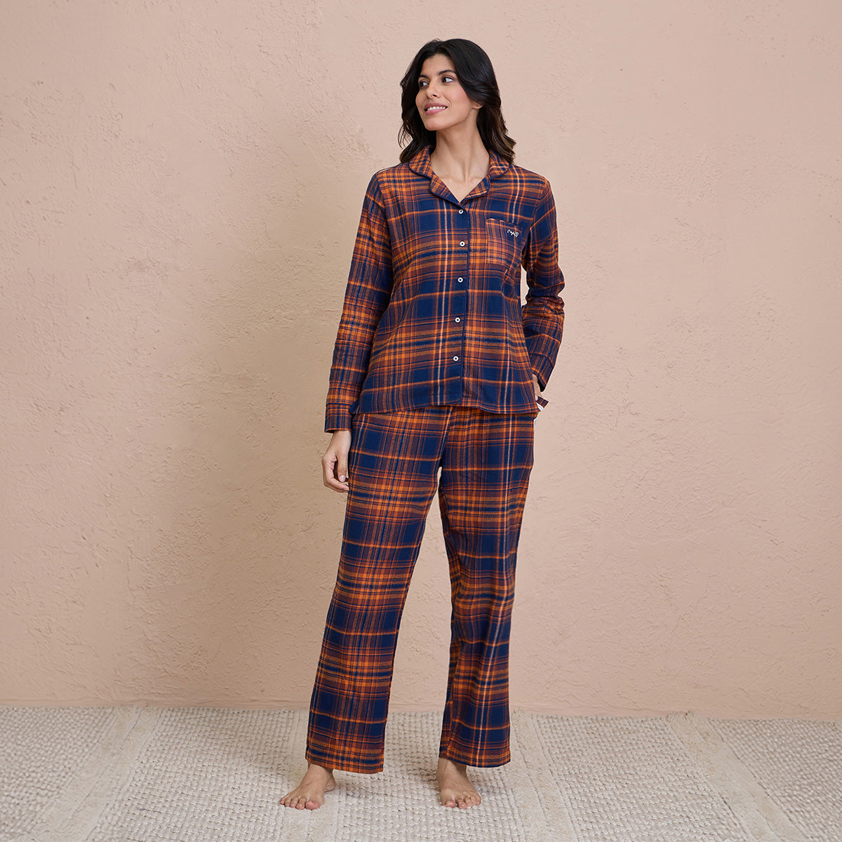 NYKD by Nykaa cozy brushed cotton pajama set of 2-relaxed fit night suit NYS902-Navy & Brown Checks