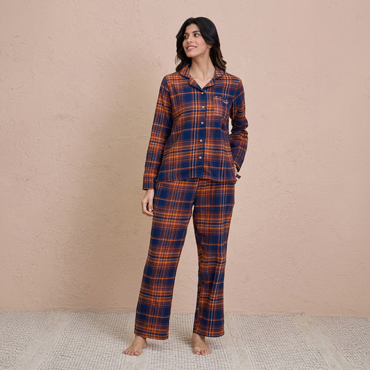 Brushed Pajama Set with Stylish Button Down Sleep Shirt - NYS902 -Navy & Brown Checks