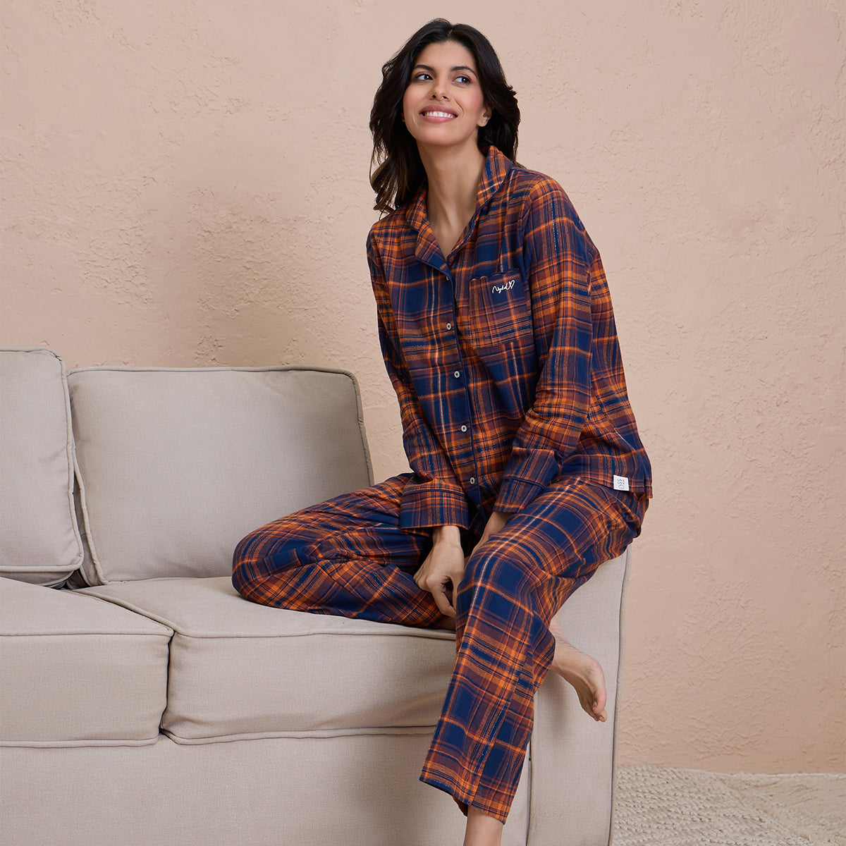 NYKD by Nykaa cozy brushed cotton pajama set of 2-relaxed fit night suit NYS902-Navy & Brown Checks