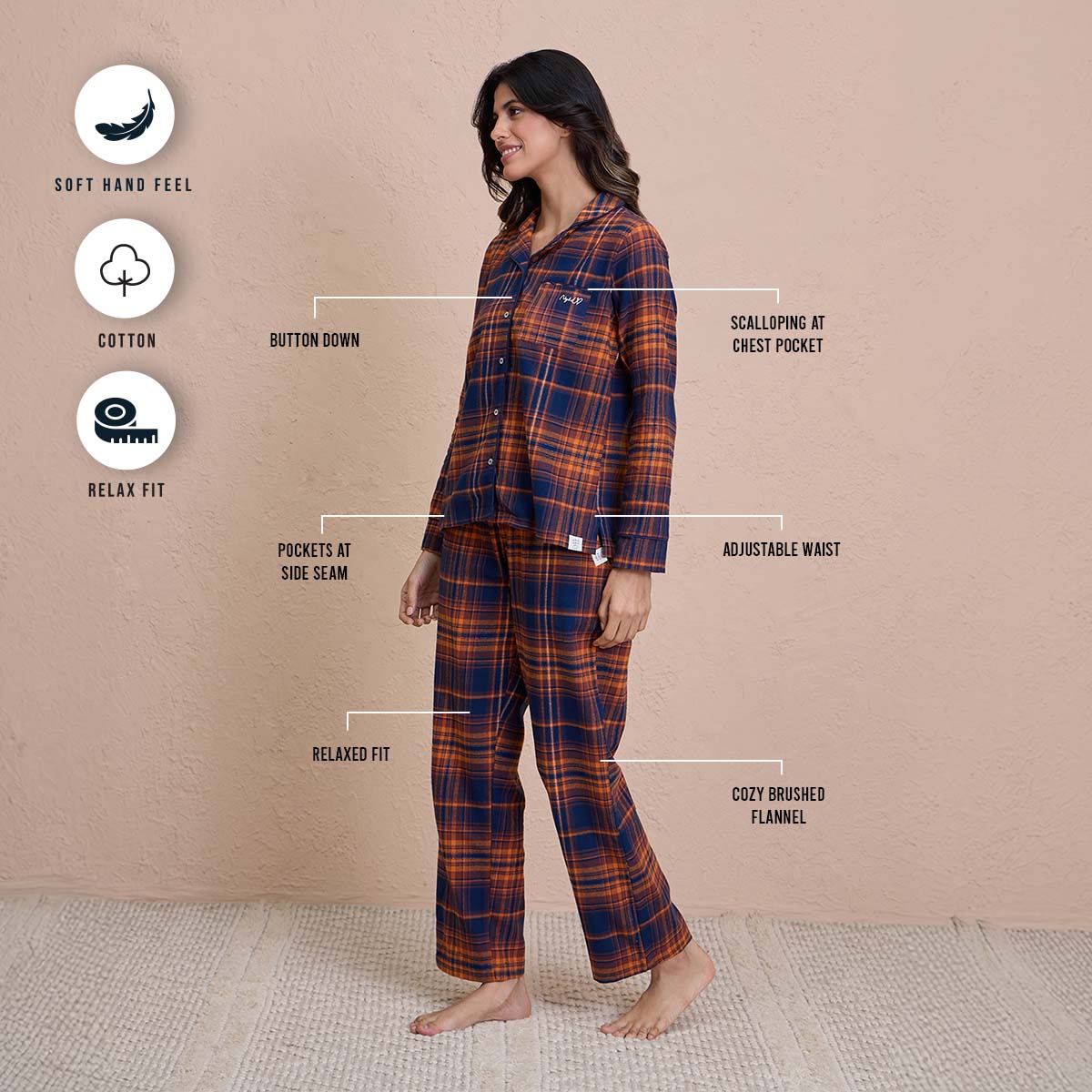NYKD by Nykaa cozy brushed cotton pajama set of 2-relaxed fit night suit NYS902-Navy & Brown Checks