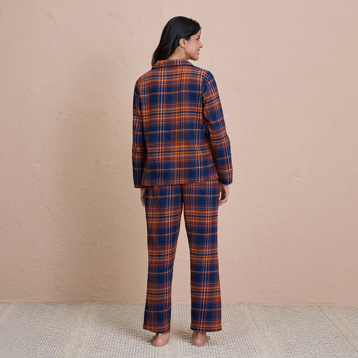 NYKD by Nykaa cozy brushed cotton pajama set of 2-relaxed fit night suit NYS902-Navy & Brown Checks