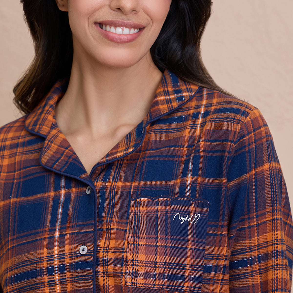 NYKD by Nykaa cozy brushed cotton pajama set of 2-relaxed fit night suit NYS902-Navy & Brown Checks