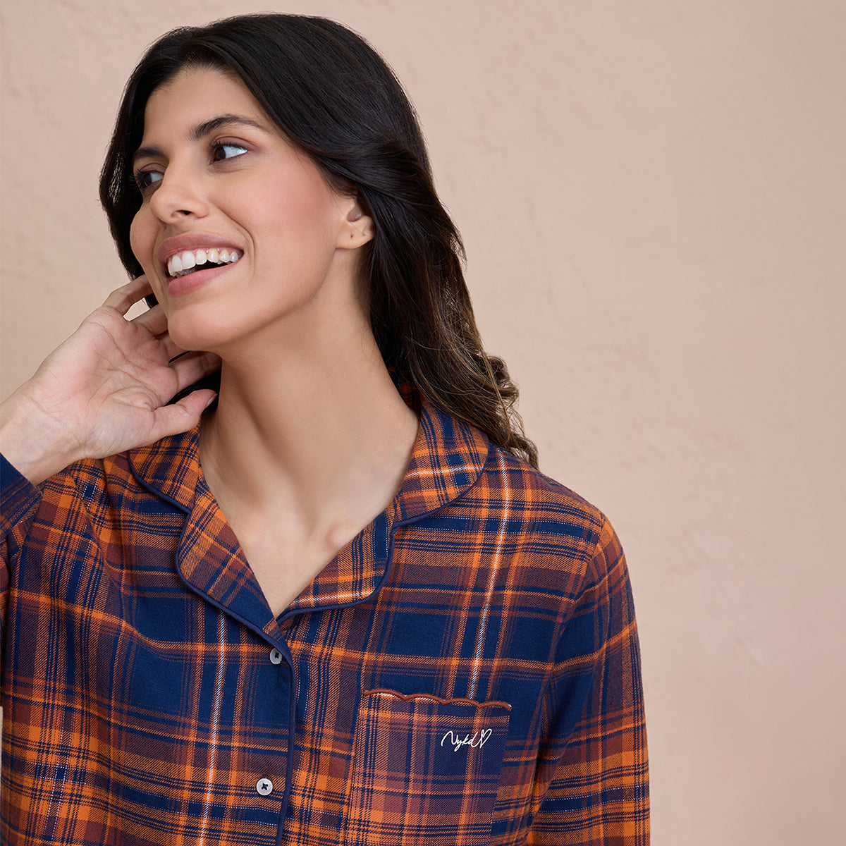 NYKD by Nykaa cozy brushed cotton pajama set of 2-relaxed fit night suit NYS902-Navy & Brown Checks