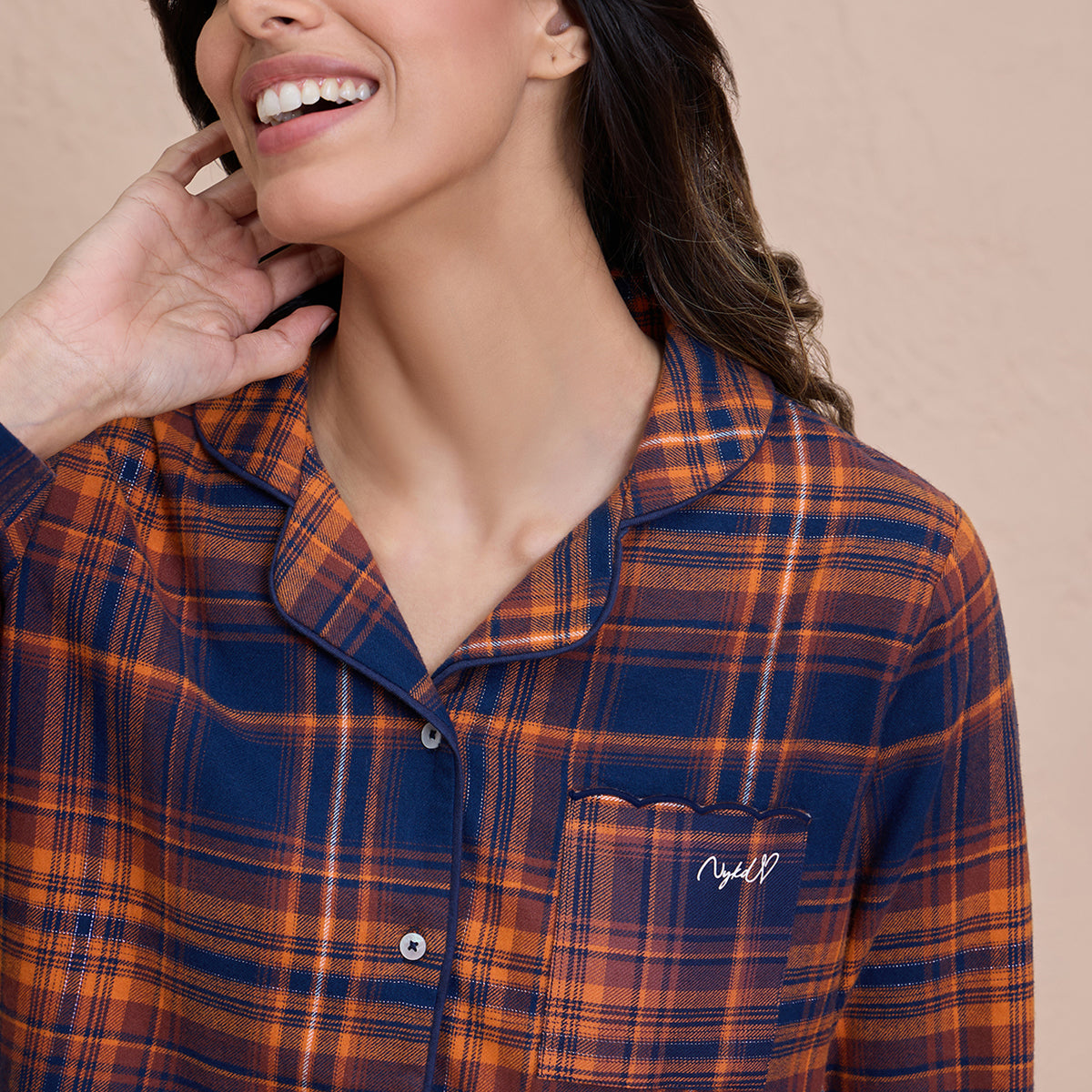 NYKD by Nykaa cozy brushed cotton pajama set of 2-relaxed fit night suit NYS902-Navy & Brown Checks