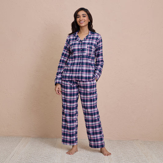 Brushed Pajama Set with Stylish Button Down Sleep Shirt-NYS902-Navy Pink Checks