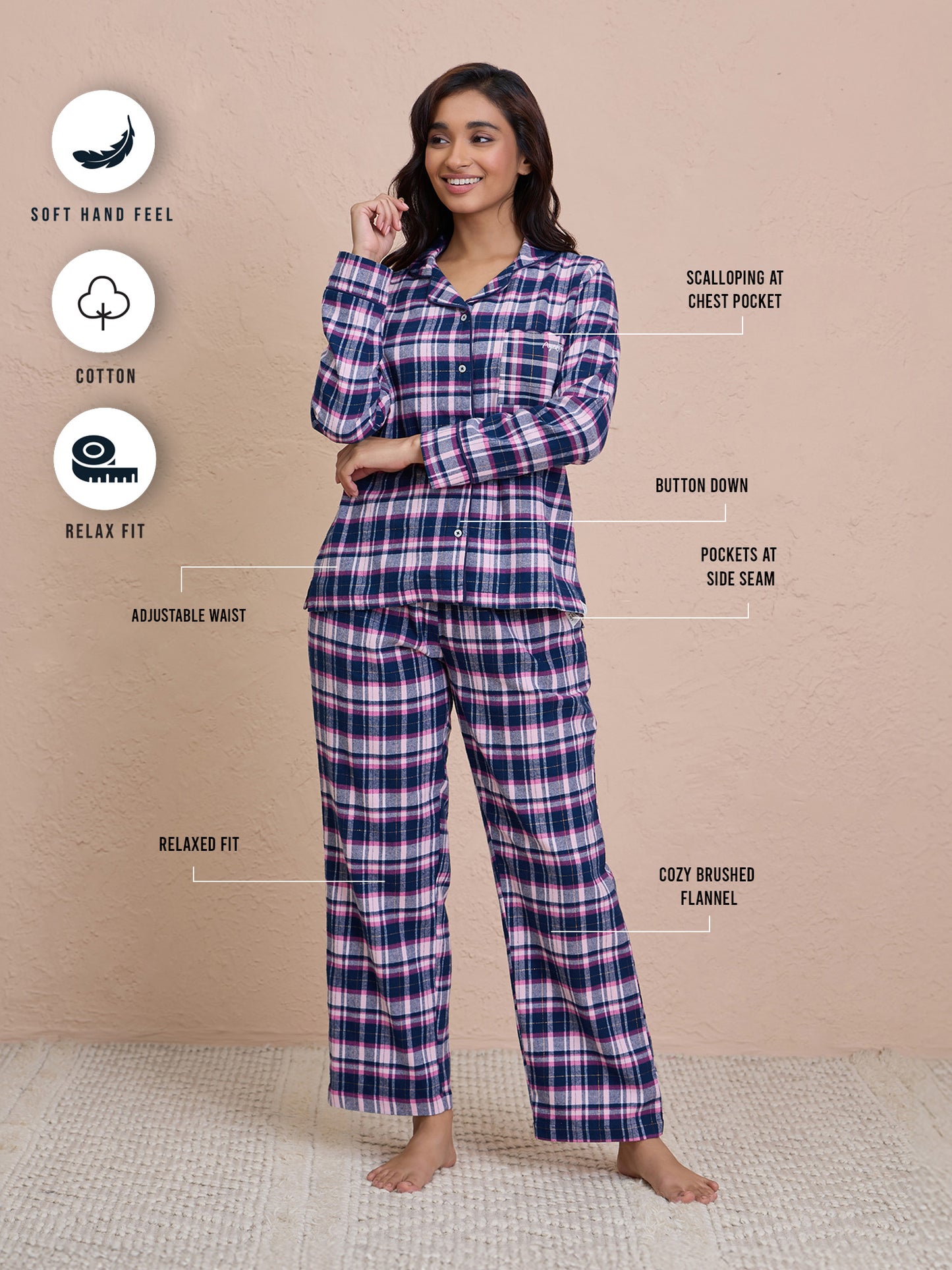 Brushed Pajama Set with Stylish Button Down Sleep Shirt - NYS902 -Navy Pink Checks