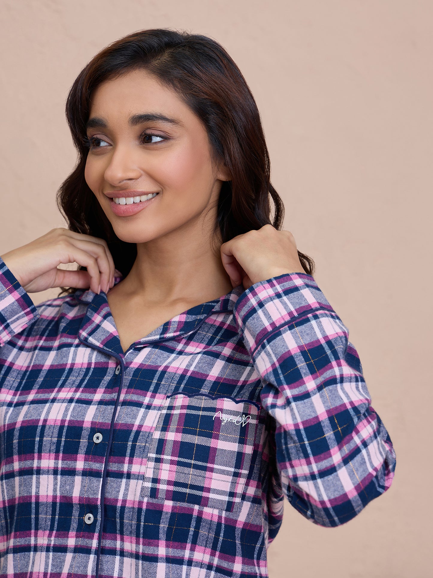 Brushed Pajama Set with Stylish Button Down Sleep Shirt - NYS902 -Navy Pink Checks