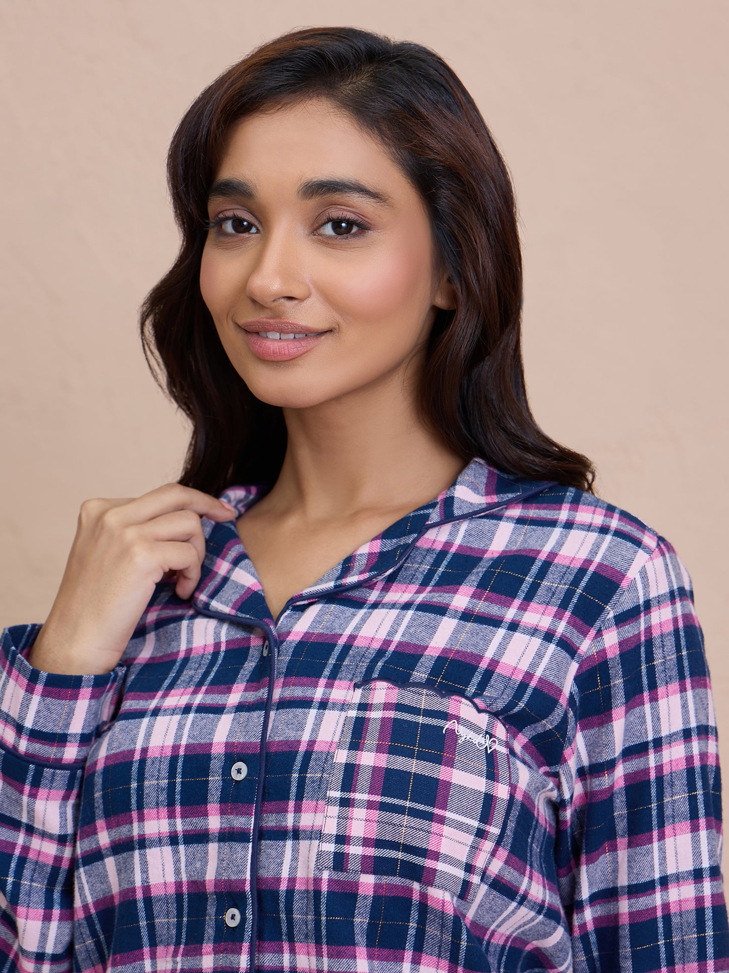 Brushed Pajama Set with Stylish Button Down Sleep Shirt - NYS902 -Navy Pink Checks