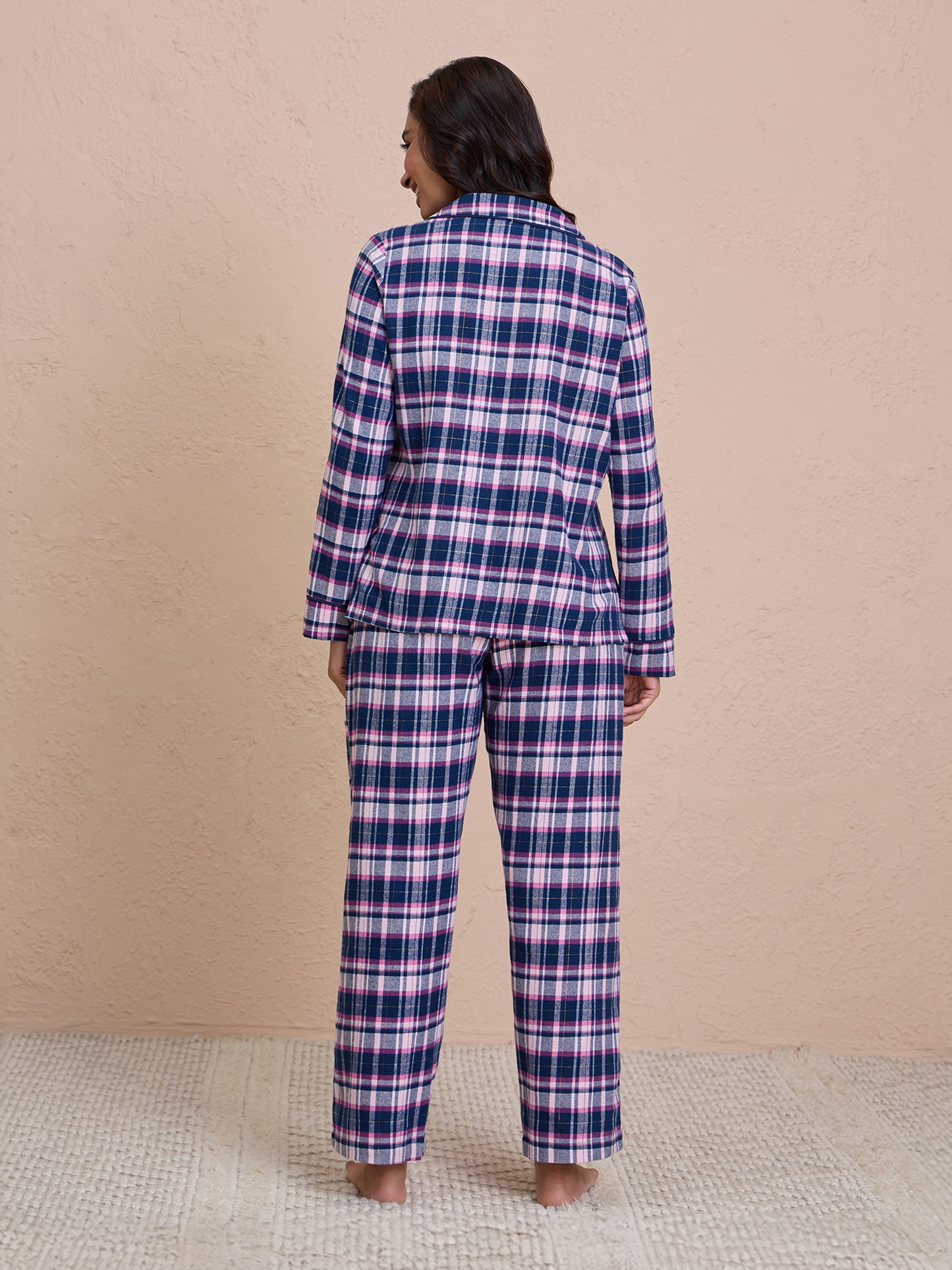 Brushed Pajama Set with Stylish Button Down Sleep Shirt - NYS902 -Navy Pink Checks