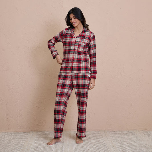 Brushed Pajama Set with Stylish Button Down Sleep Shirt-NYS902-Red & Beige Checks