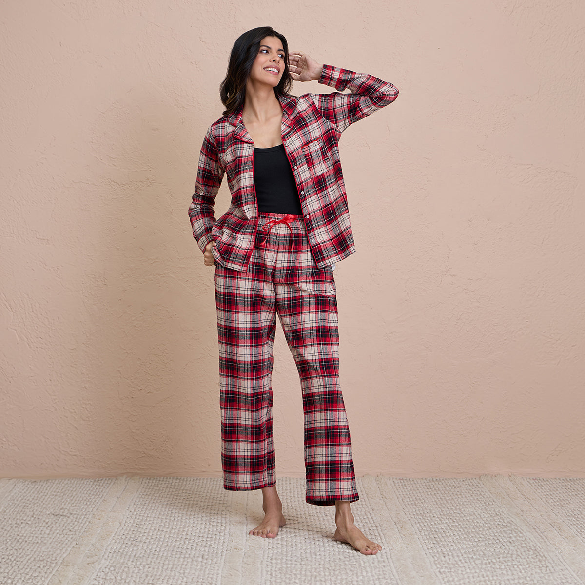 Brushed Pajama Set with Stylish Button Down Sleep Shirt - NYS902 -Red & Beige Checks