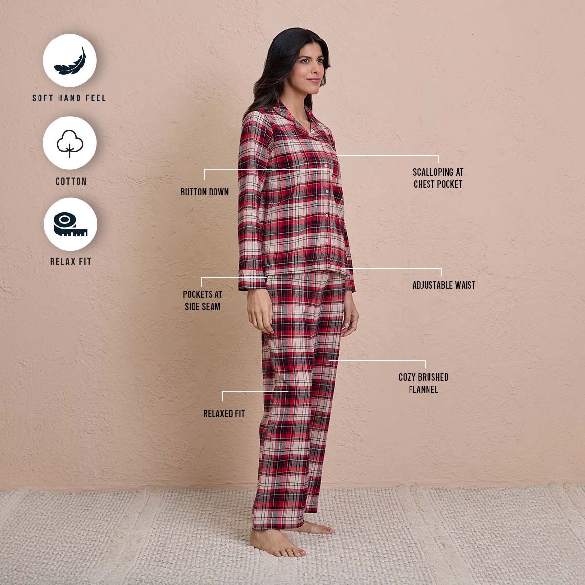 Brushed Pajama Set with Stylish Button Down Sleep Shirt - NYS902 -Red & Beige Checks