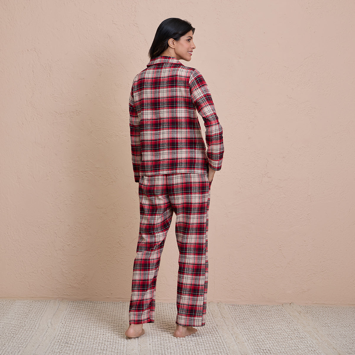 Brushed Pajama Set with Stylish Button Down Sleep Shirt - NYS902 -Red & Beige Checks