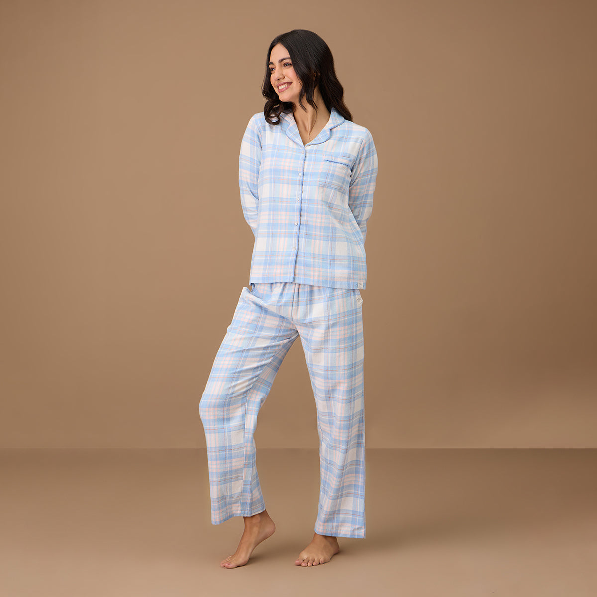 Nykd By Nykaa Button Down Cotton Flannel Pajama Set - NYS902 - Blue Pink Plaid
