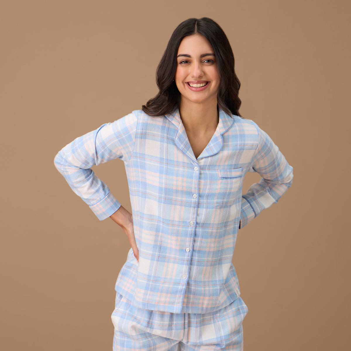 Nykd By Nykaa Button Down Cotton Flannel Pajama Set - NYS902 - Blue Pink Plaid