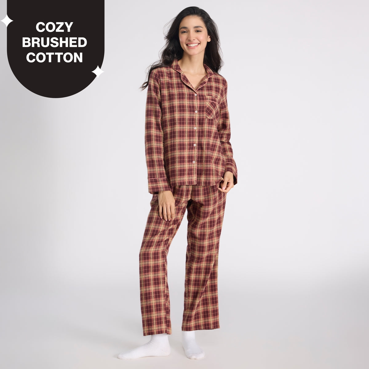 Nykd By Nykaa Cozy Brushed Cotton Button Down Pyjama Set of 2 In Relaxed Fit Nys902 Brown & Peach