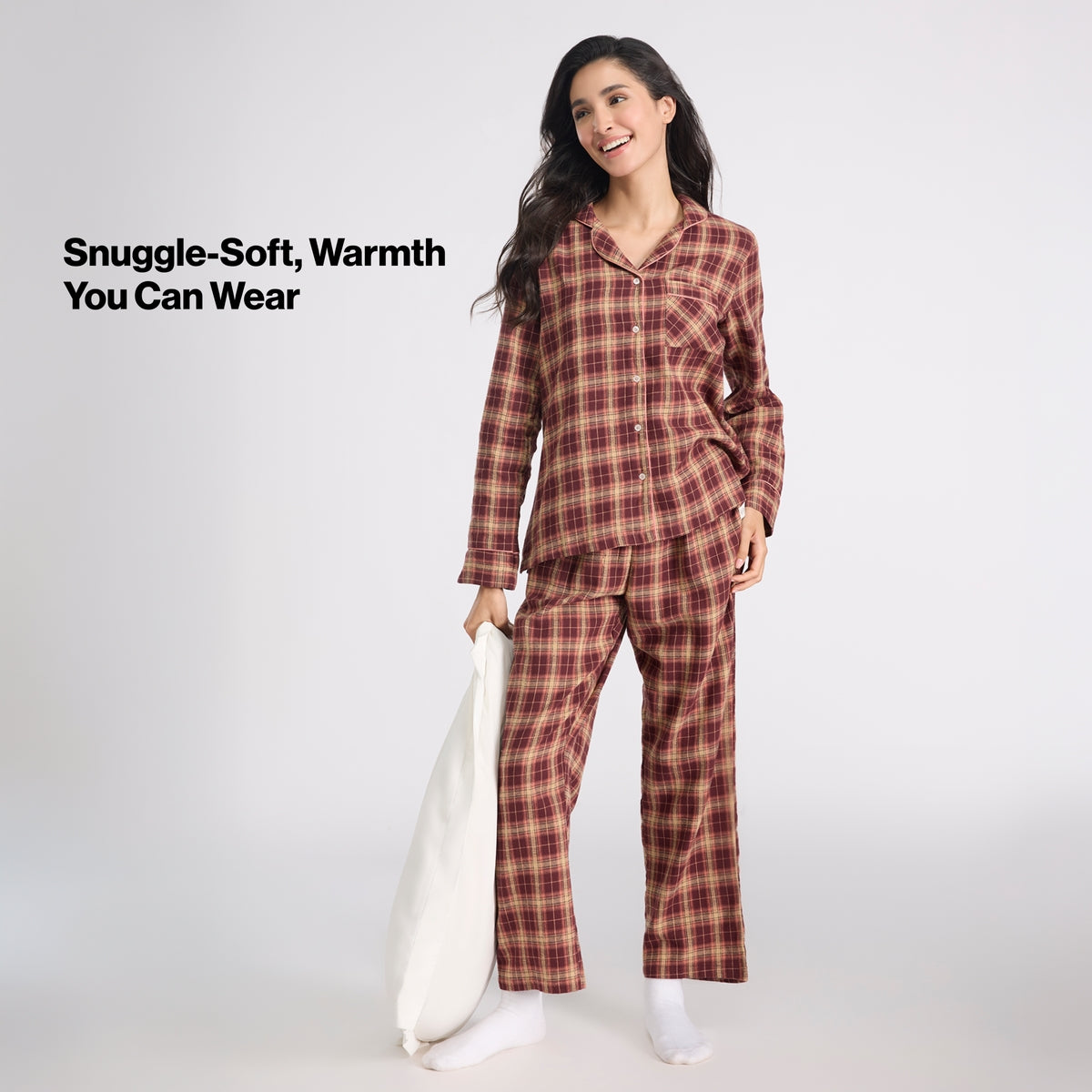 Nykd By Nykaa Cozy Brushed Cotton Button Down Pyjama Set of 2 In Relaxed Fit Nys902 Brown & Peach