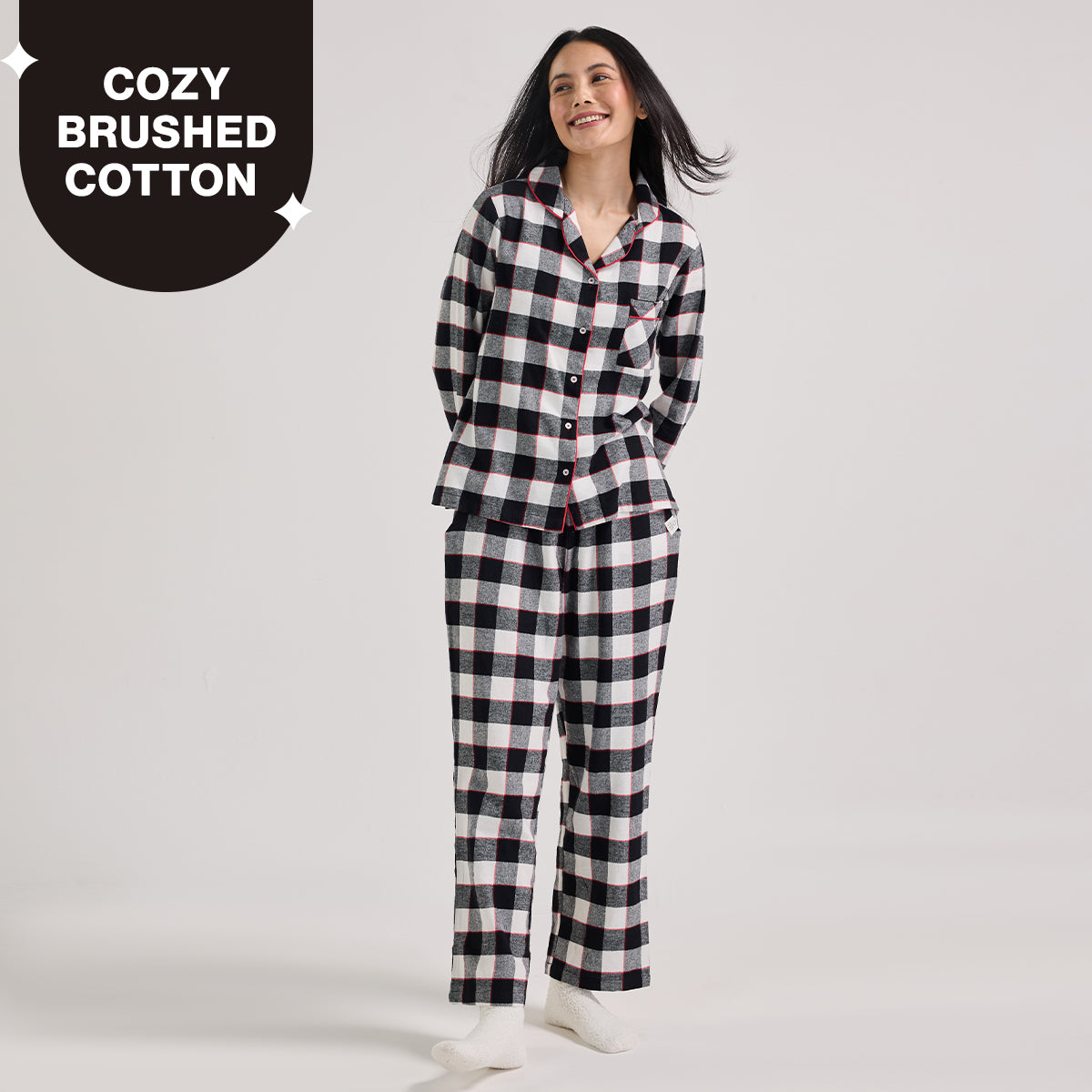NYKD by Nykaa cozy brushed cotton pajama set of 2-relaxed fit night suit NYS902-Black & White