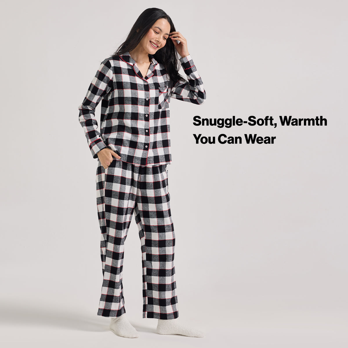 NYKD by Nykaa cozy brushed cotton pajama set of 2-relaxed fit night suit NYS902-Black & White