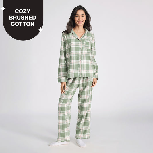 Nykd By Nykaa Cozy Brushed Cotton Button Down Pyjama Set of 2 In Relaxed Fit Nys902 Green & Pink