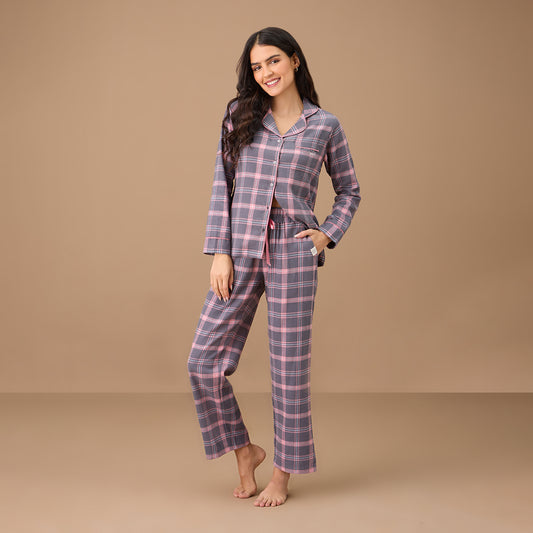 Brushed Pajama Set with Stylish Button Down Sleep Shirt - NYS902 -Grey Pink Plaid