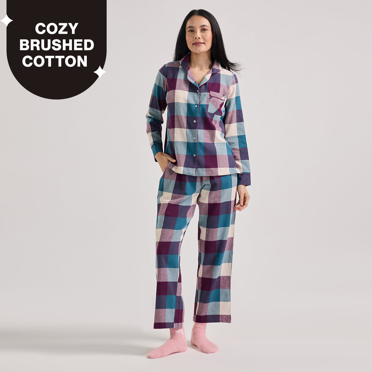 NYKD by Nykaa cozy brushed cotton pajama set of 2-relaxed fit night suit NYS902-Grape & Blue